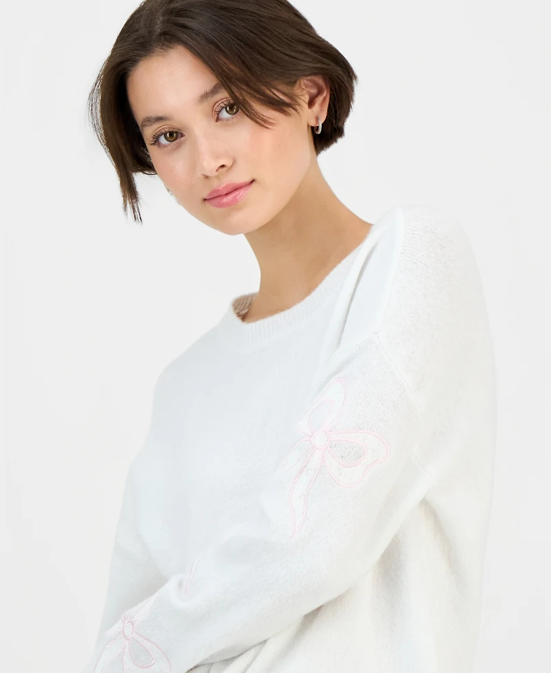 Planet Heart Juniors' Long-Sleeve Drop-Shoulder Lace Bow Crewneck Sweater