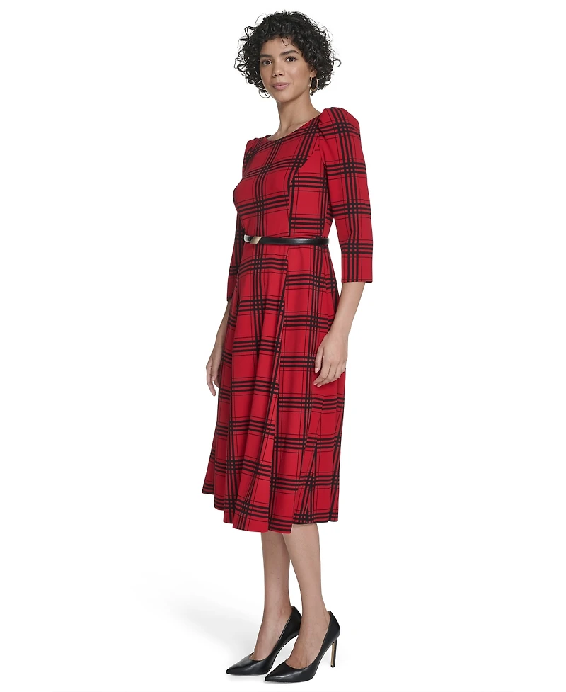 Calvin Klein Women's 3/4-Sleeve Plaid Midi Dress