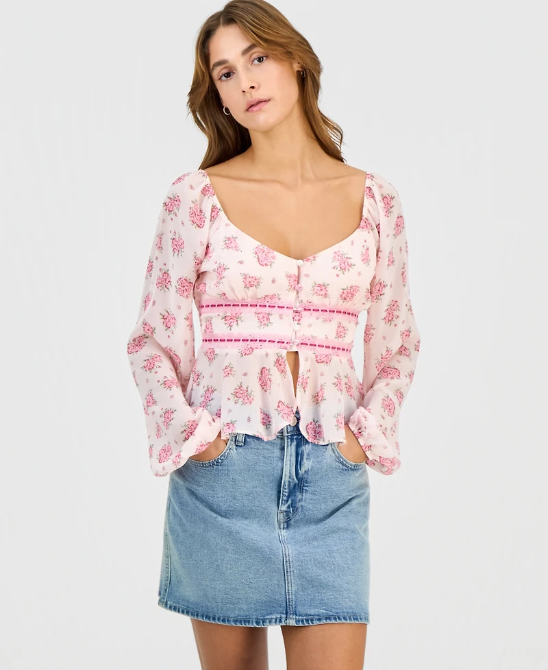 Derek Heart Juniors' Long Sleeve Button-Front Blouse