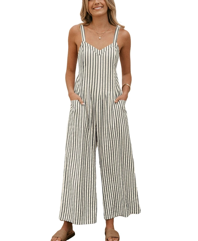 Cupshe Women's Striped Smocked Cutout Back Wide Leg Jumpsuit