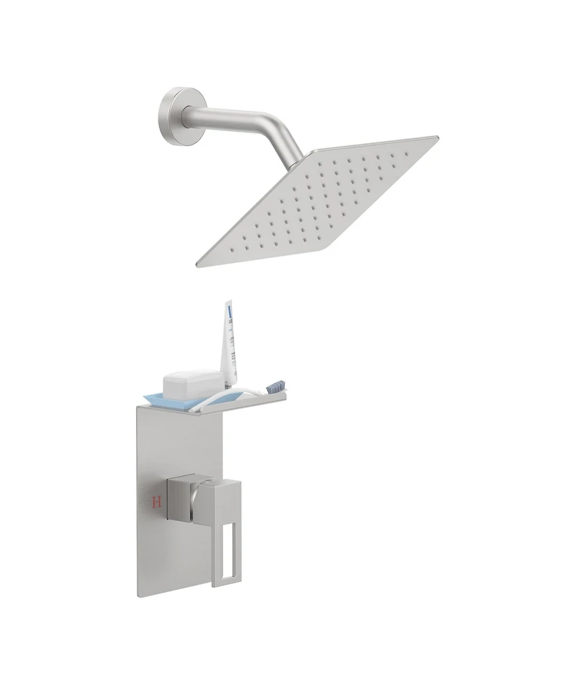 Rainsken Shower Faucet Set with Storage Rack 8-inch Rain Shower Head Shower Decoration Kit with Single Spray Shower Head Brushed Nickel