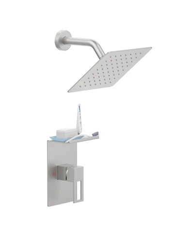 Rainsken Shower Faucet Set with Storage Rack 8-inch Rain Shower Head Shower Decoration Kit with Single Spray Shower Head Brushed Nickel
