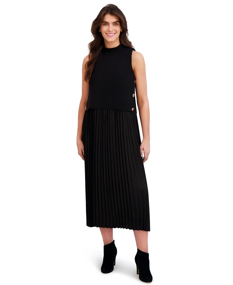 London Times Petite Pleated Knit Mock Neck Midi Dress