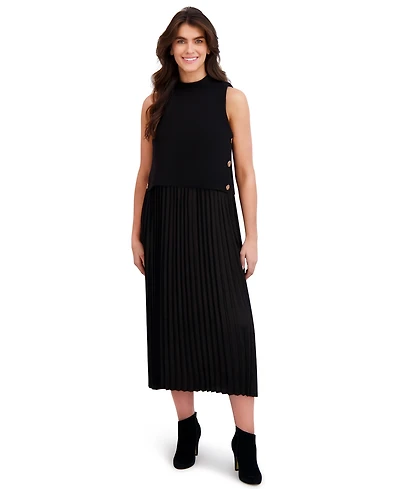 London Times Petite Pleated Knit Mock Neck Midi Dress