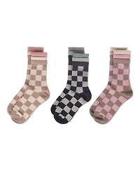 MeMoi Women's 3 Pair Pack Checkmate Triple Cuff Crew Socks