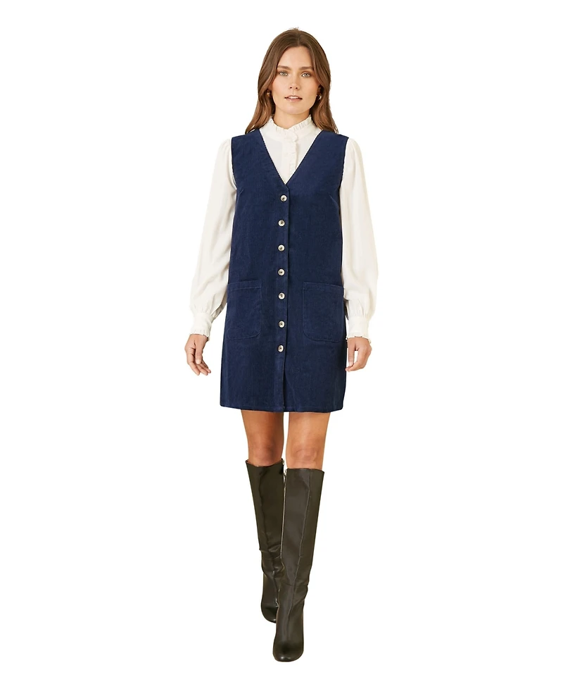 Yumi Women's Cord Button Through Pinafore Dress