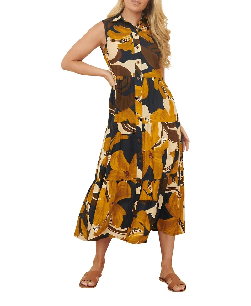 Yumi Women's Cotton Leaf Midi Sleeveless Shirt Dress