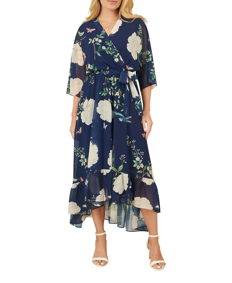 Yumi Women's Bird And Floral Print Midi Wrap Dress
