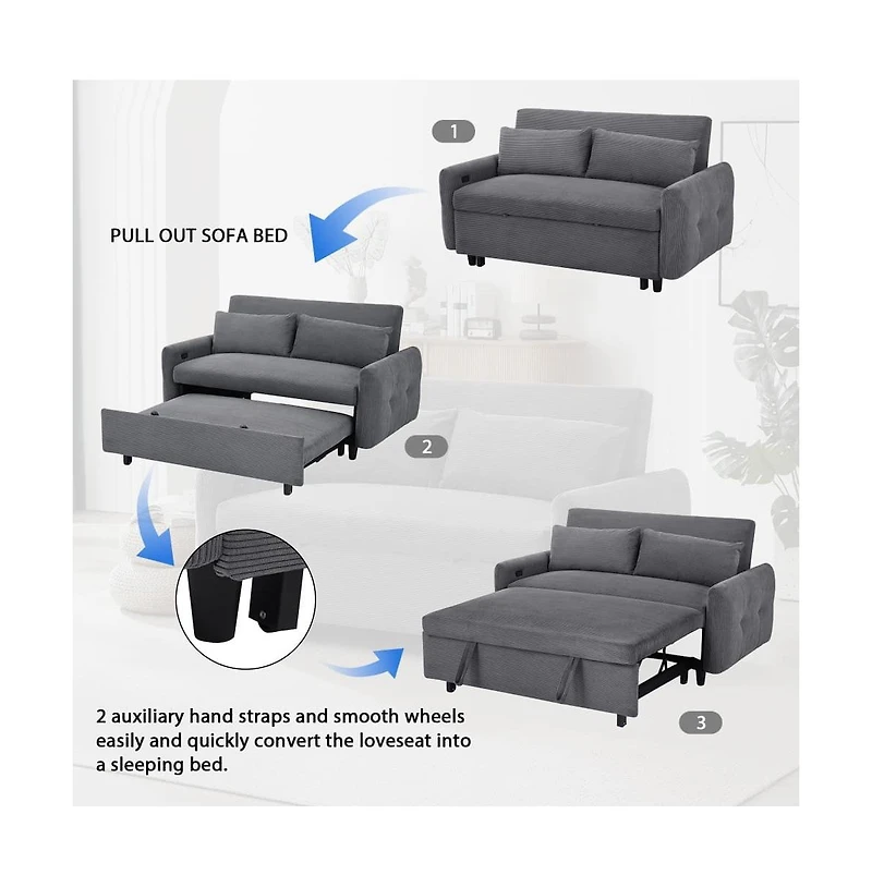 Maison Boucle 57.48" Pull Out Sleeper Loveseat, Convertible Sofa Bed with Usb Ports & Adjustable Backrest for Small Spaces-Maison