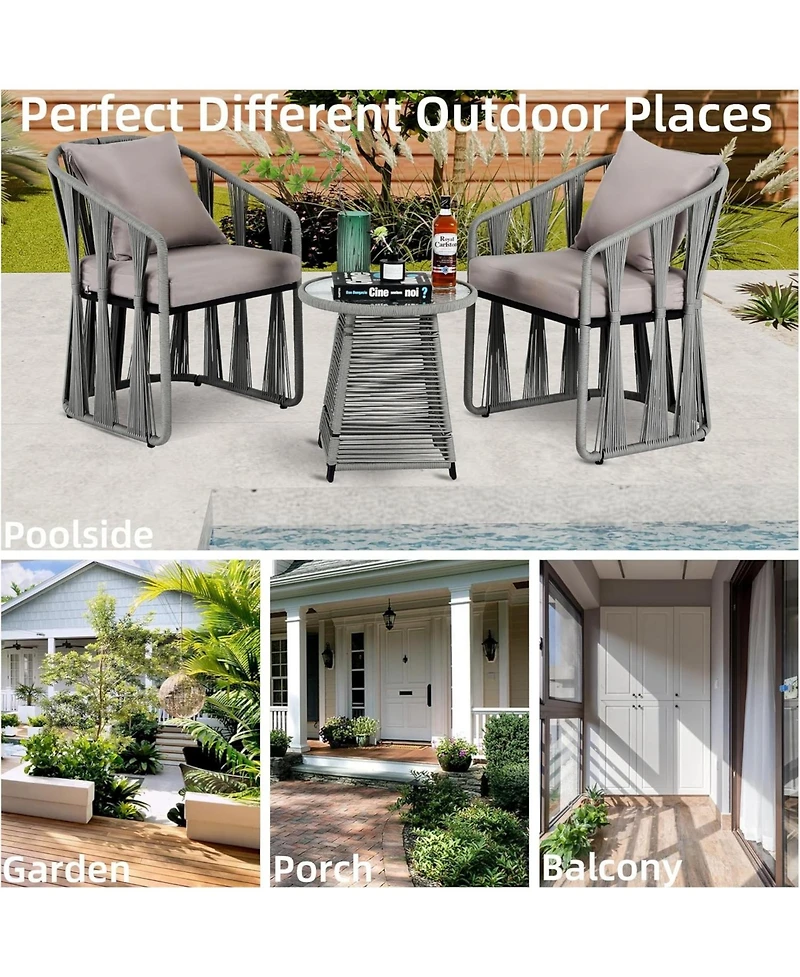 Dyhome 3 Pieces Outdoor Patio Furniture Set Woven Rope Chairs with Table and Soft Cushions