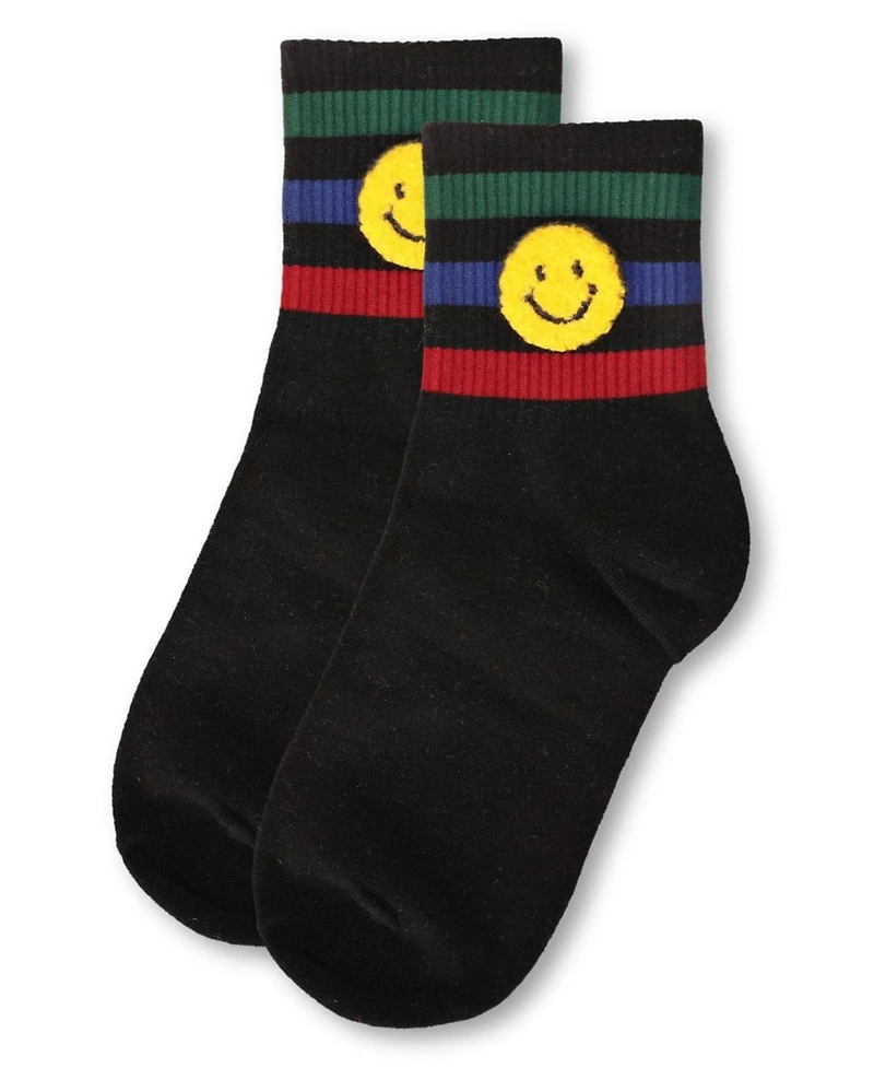 MeMoi Women's Smiley Terry Patch Stripe Crew Socks