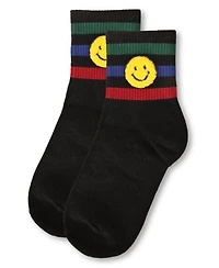 MeMoi Women's Smiley Terry Patch Stripe Crew Socks