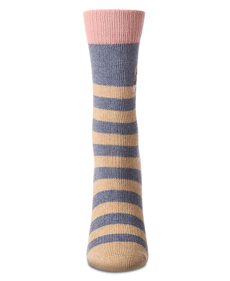 MeMoi Women's "Just Hanging" Striped Embroidered Cotton Rich Novelty Crew Socks