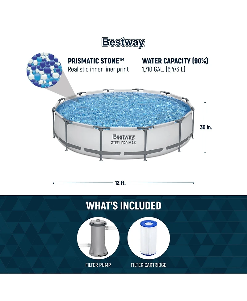 Bestway Steel Pro Max 12 Foot by 30 Inch Above Ground Swimming Pool Set, Gray