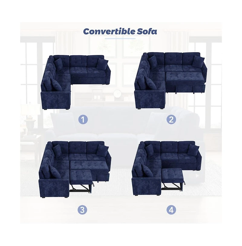 Maison Boucle 82.6" L-Shaped Pull Out Sleeper Sofa with Usb Ports, Power Outlets & Wheels, Modular Sectional Bed for Living Room