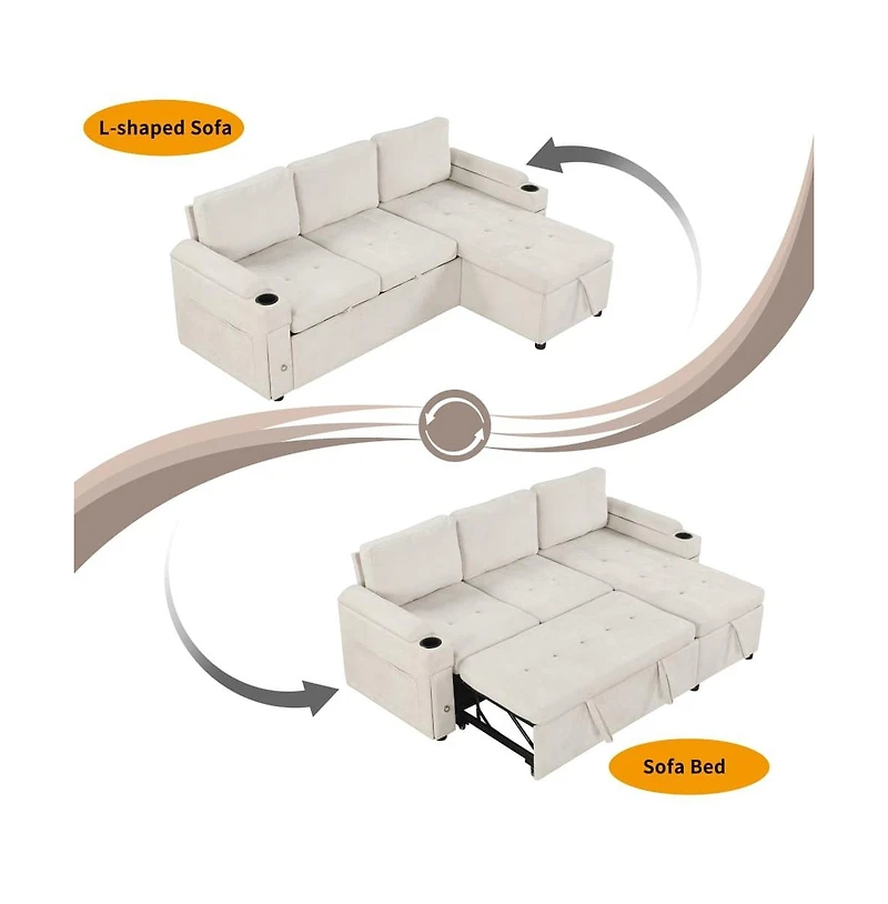 Maison Boucle 83.5'' L-Shaped Sleeper Sofa Bed with Reversible Chaise, Pull-Out Bed, Usb Ports, Cup Holders & Storage Drawers for Living Room