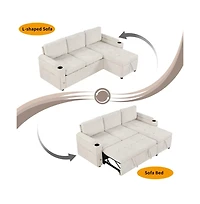 Maison Boucle 83.5'' L-Shaped Sleeper Sofa Bed with Reversible Chaise, Pull-Out Bed, Usb Ports, Cup Holders & Storage Drawers for Living Room