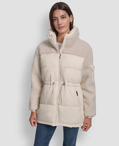 Dkny Jeans Women's Faux-Sherpa Puffer Mixed Coat