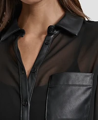 Dkny Jeans Women's Faux-Leather Trim Sheer-Mesh Shirt - BLK