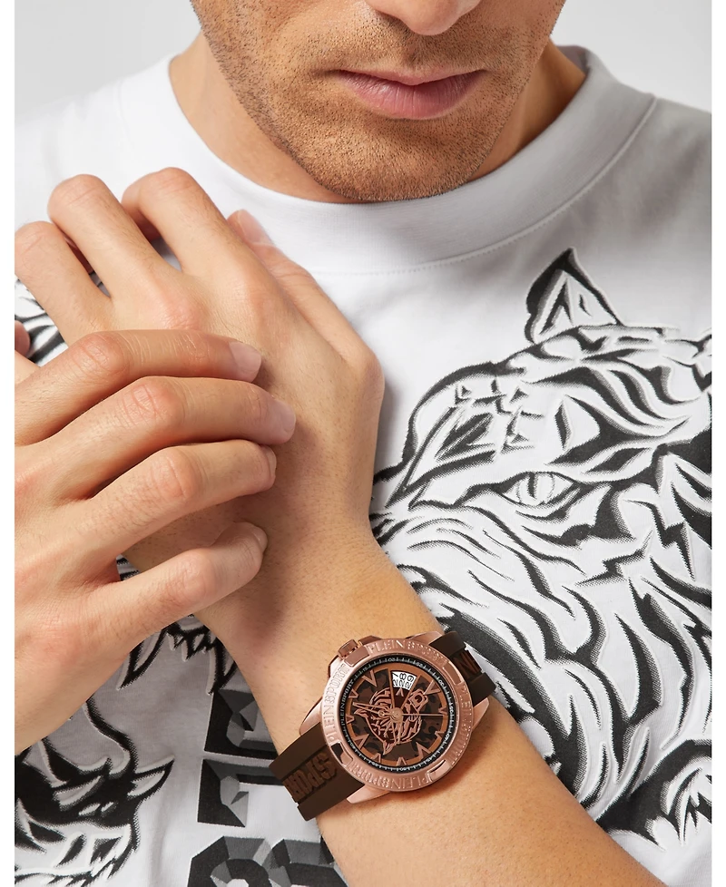 Plein Sport Mens Touchdown 3 Hand Date Quartz Brown Silicone Strap 44MM