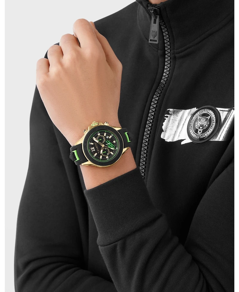Plein Sport Mens Warrior Tech Chronograph Date Quartz Green Silicone Strap 47.5MM
