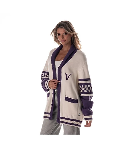 The Wild Collective Men's and Women's Cream Minnesota Vikings Jacquard Rolled Collar Button-Up Cardigan Sweater