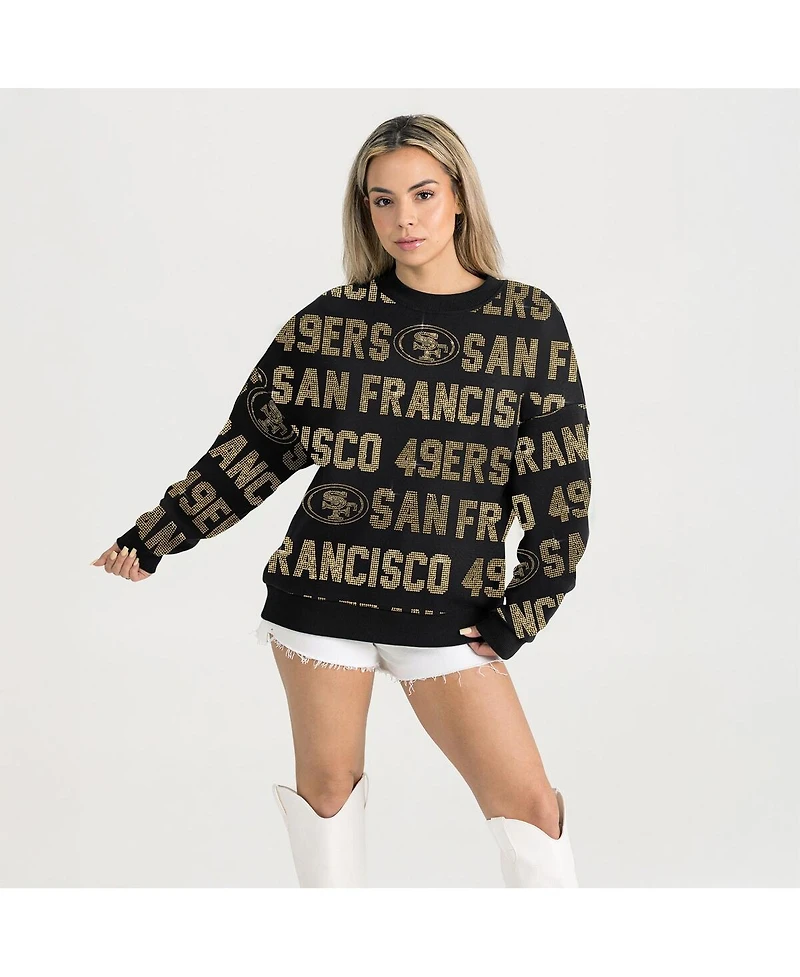 Gameday Couture Women's Black San Francisco 49ers Relaxed Drop Shoulder Hype Era Rhinestone Text Sweatshirt