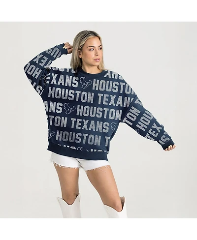 Gameday Couture Women's Navy Houston Texans Relaxed Drop Shoulder Hype Era Rhinestone Text Sweatshirt