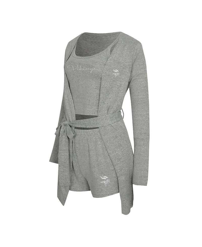 Concepts Sport Women's 3-Piece Heather Gray Minnesota Vikings Rigor Tank, Short and Robe Set