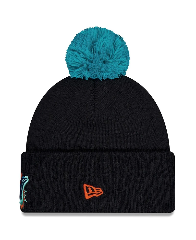 New Era Men's Pitch Blue Miami Dolphins 2025 Rivalries Collection Sideline Cuffed Pom with Knit Hat