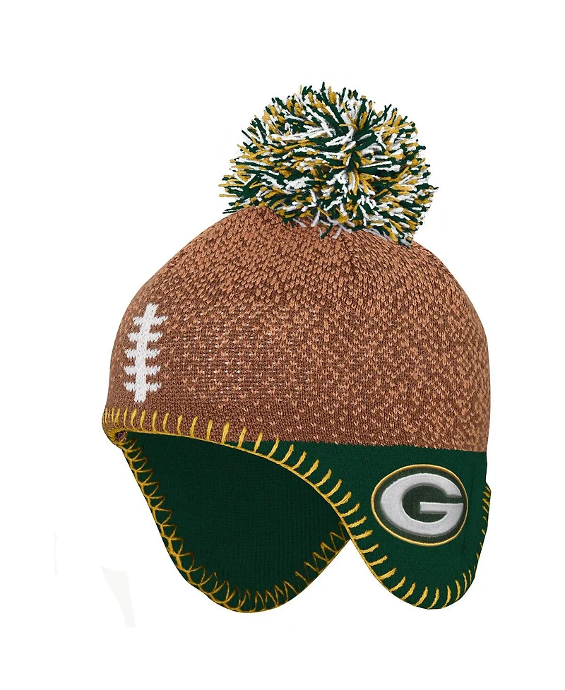 Outerstuff Preschool Brown Green Bay Packers Football Head with Pom Knit Hat