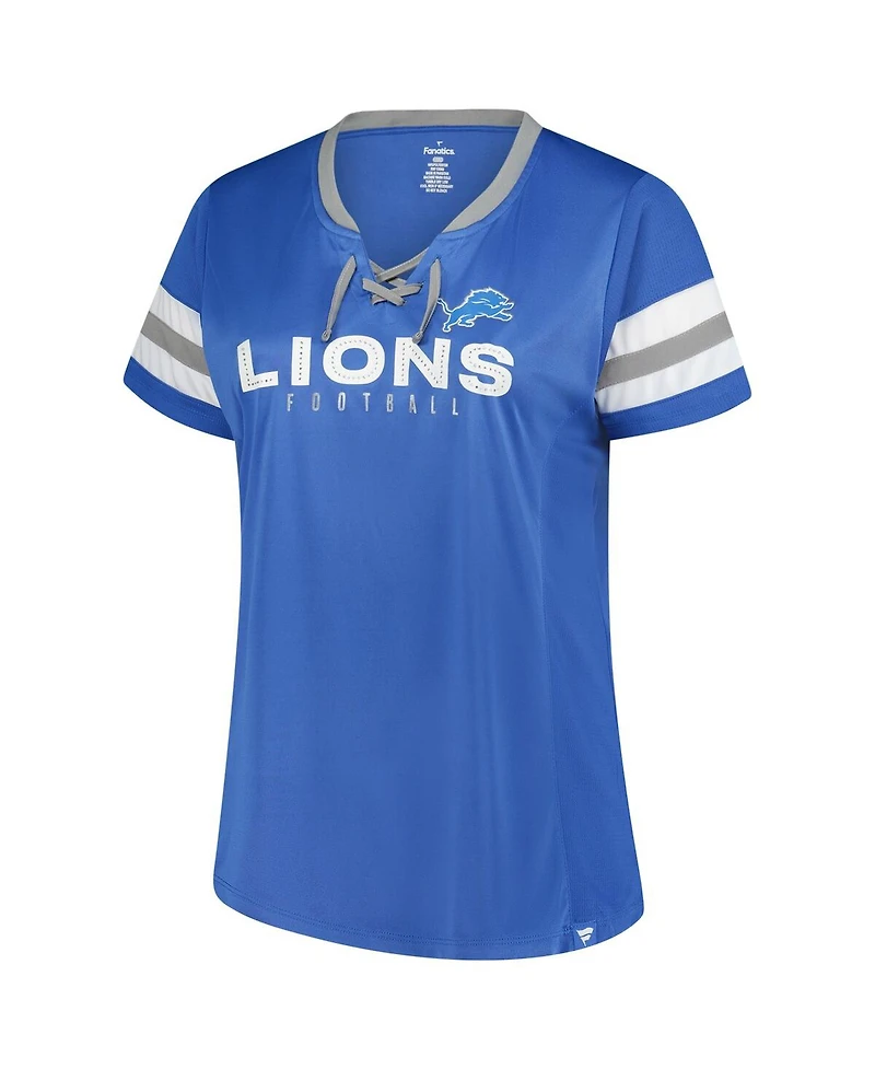 Fanatics Women's Blue Detroit Lions Plus Rhinestone Redzone Athena Lace-Up Notch Neck T-Shirt