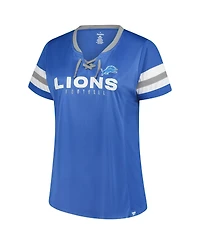 Fanatics Women's Blue Detroit Lions Plus Rhinestone Redzone Athena Lace-Up Notch Neck T-Shirt
