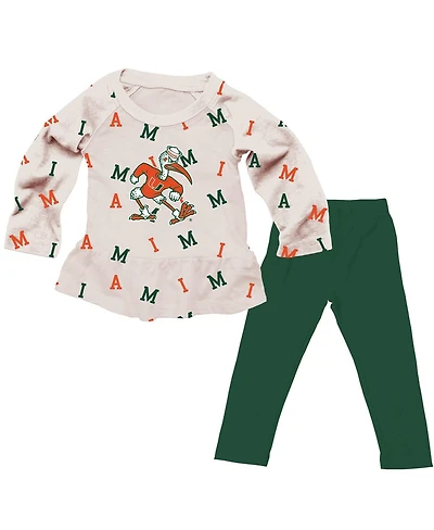 Wes & Willy Girls Toddler 2-Piece Oatmeal Miami Hurricanes Ruffle Raglan Long Sleeve T-Shirt and Leggings Set