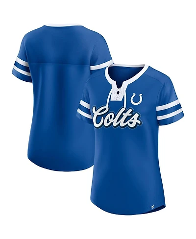Fanatics Women's Royal Indianapolis Colts True Catch Iconic Rhinestone Bling Athena Lace-Up T-Shirt