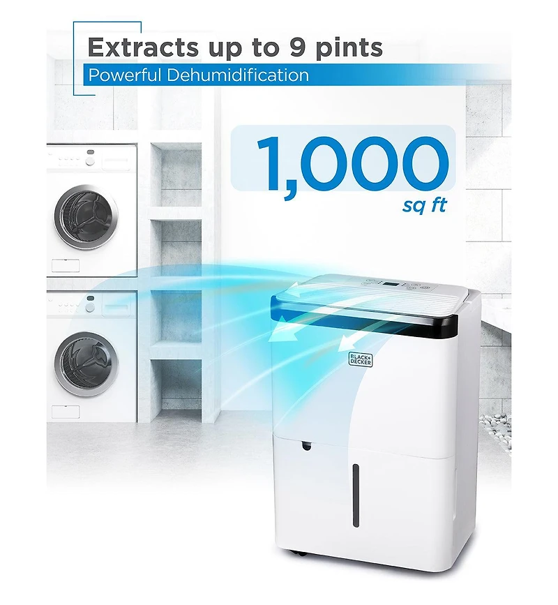 Black+Decker 1000 Sq. Ft. Dehumidifier for Home, Bedroom and Basement, Up To 9 Pints Per Day, Energy Star Certified, 3.3-Pint Bucket, White
