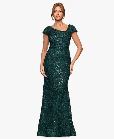 Xscape Petite Long Lace Asymmetrical Neck Dress