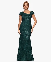 Xscape Petite Long Lace Asymmetrical Neck Dress