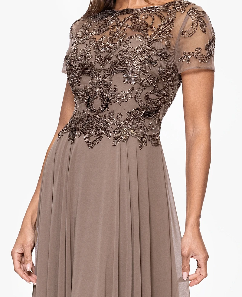 Xscape Petite Long Bead Mesh Crew Neck Dress