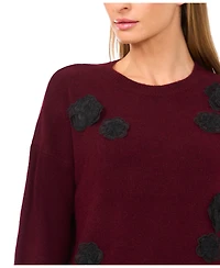 CeCe Women's Flower Applique Long Sleeves Sweater