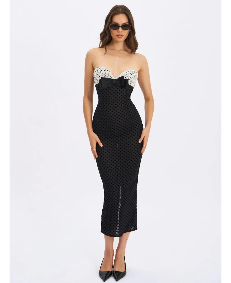 Miss Circle Women's Faith Black and White Polka Dot Sweetheart Maxi Dress