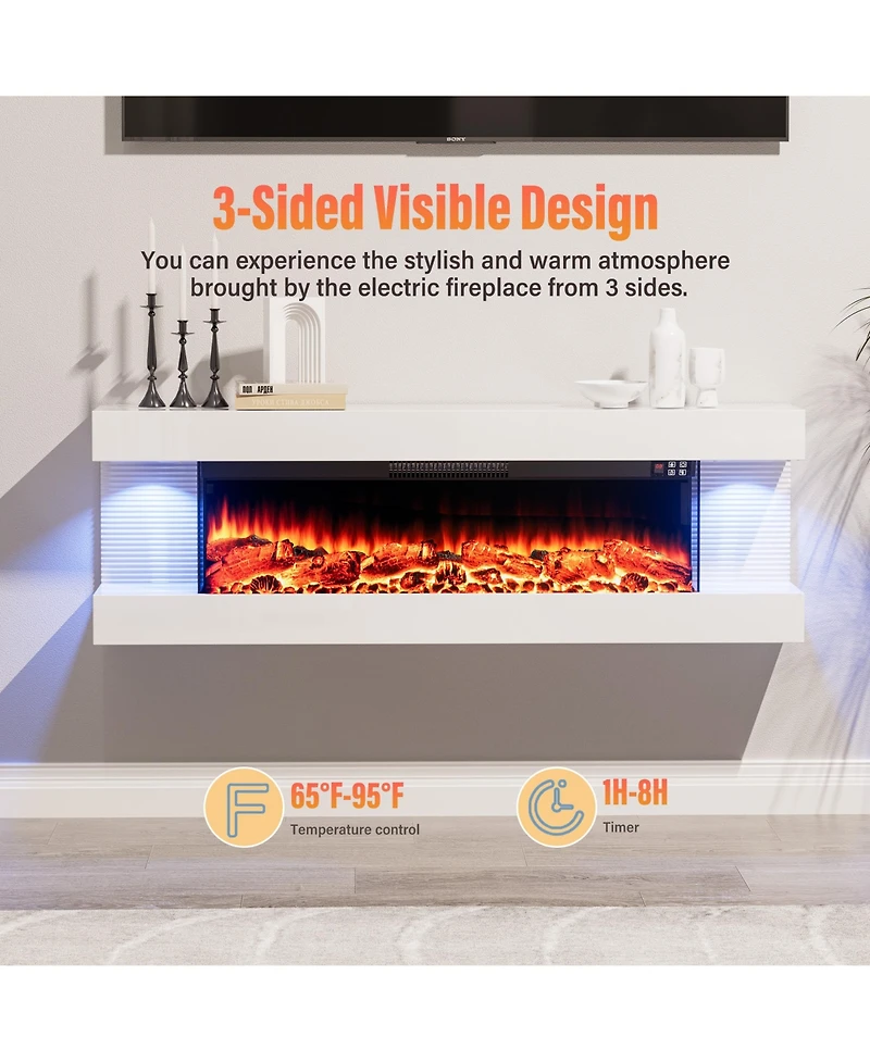 Clihome Sided Wall Mounted Led Electric Fireplace With Floating Mantel,Remote Control Adjustable Heat