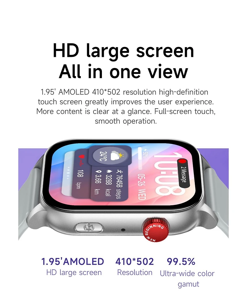 Ruxing Smart 1.95" Amoled Smart Watch for Women Men With Bluetooth Calling, Health Monitoring,Sport Modes, Intelligent Reminder IP67 -Silver