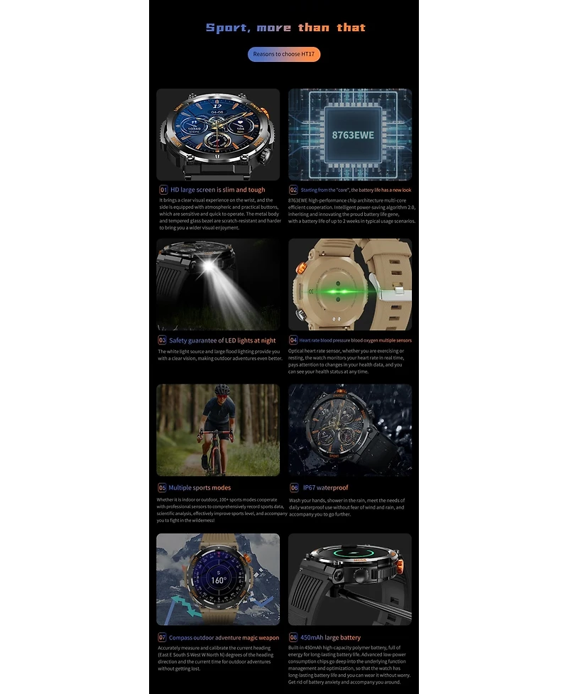 Ruxing Smart Outdoor Sports Smart watch with Compass Emergency Light Ips Hd Large Round Screen -Orange