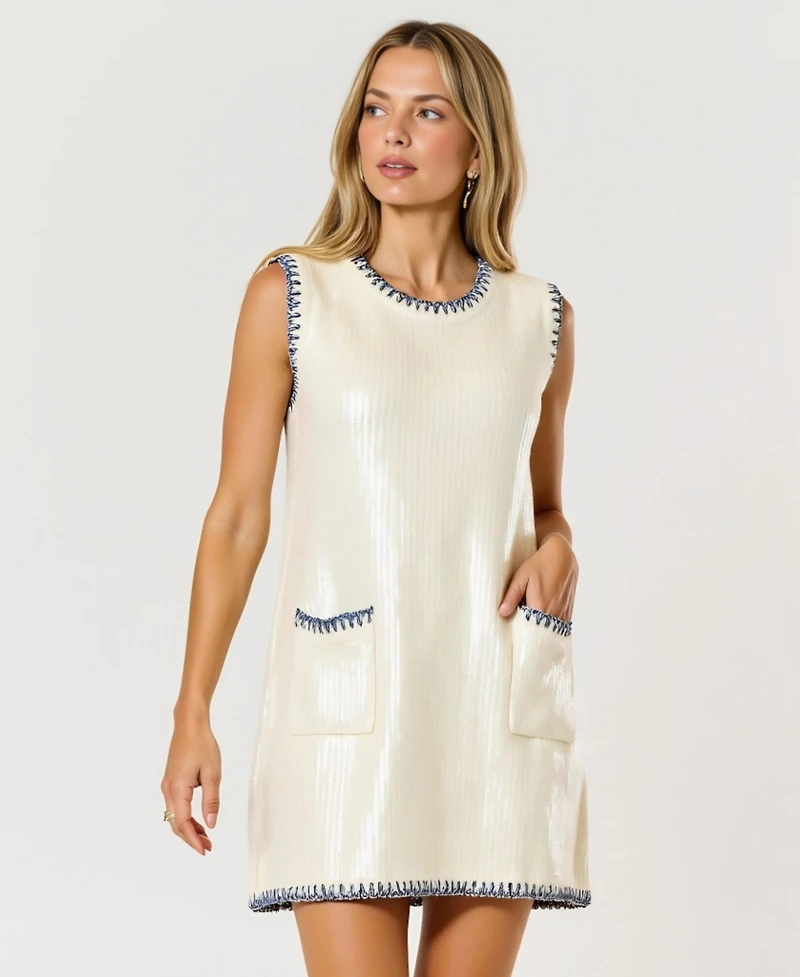 Modenaire Women's Sequin Knit Sleeveless Mini Dress with Contrast Trim and Pockets