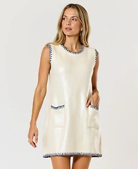 Modenaire Women's Sequin Knit Sleeveless Mini Dress with Contrast Trim and Pockets