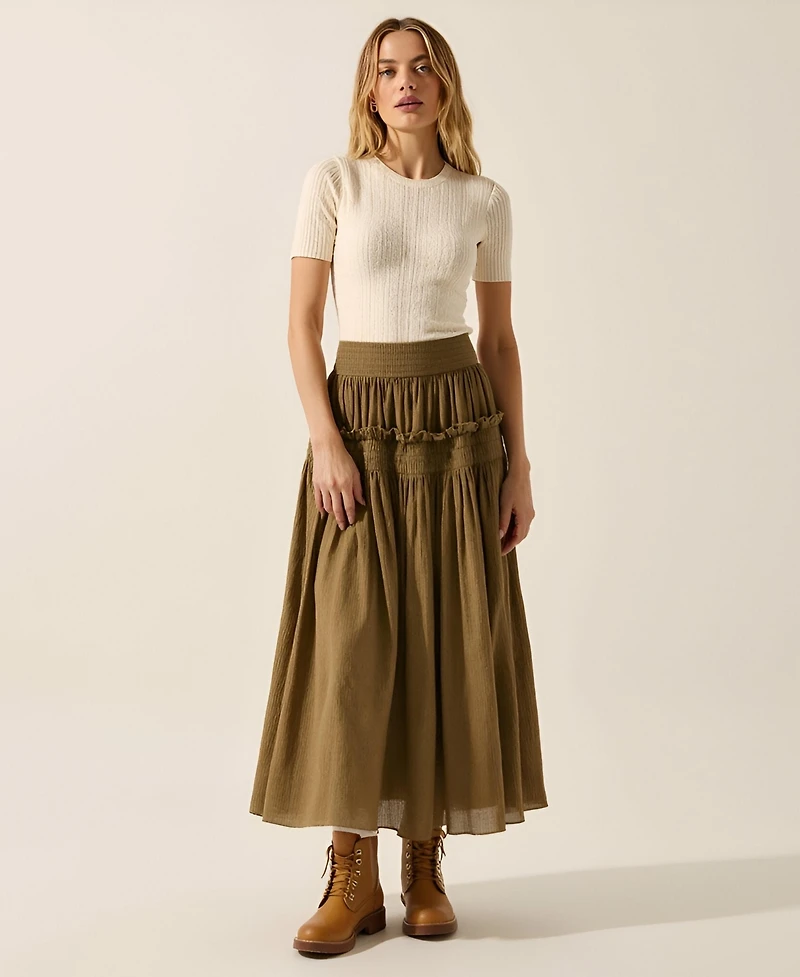 Modenaire Women's Smocked Tiered Ruffle-Trim Maxi Skirt