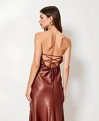 Modenaire Women's Shimmer Cowl-Neck Halter Lace-Up Evening Gown