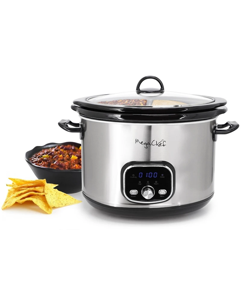 MegaChef 5.6Liter + 2.5 Liter Split Stainless Steel Electric Slow Cooker in SIlver