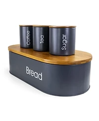 MegaChef Bamboo Kitchen Countertop 4 Piece Metal Bread Basket and Canister Set in Gray with Lids